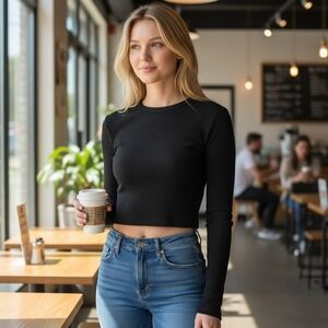 Choice Black Ribbed Long Sleeve Crop Top Seamless Crew Neck Stretch NWT (160)